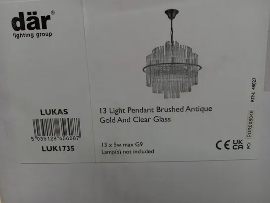 BOXED DÄR LUKAS HANGING CEILING LIGHT PENDANT BRUSHED ANTIQUE GOLD & CLEAR GLASS