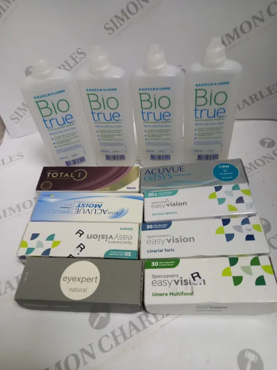 BOXED LOT TO CONTAIN APPROX. 30 X ASSORTED VISION CARE PRODUCTS. INCLUDES PACKS OF CONTACT LENSES & CONTACT LENSE CLEANING SOLUTION. BRANDS VARY