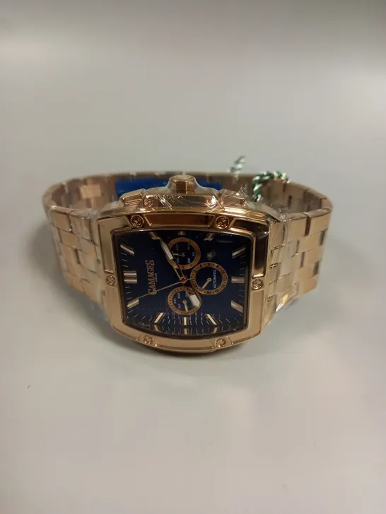 BOXED GAMAGES MAGNITUDE ROSE GOLD COLOUR BLUE DIAL WATCH 