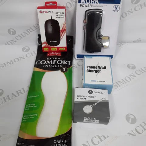 LARGE ASSORTMENT OF HOUSEHOLD PRODUCTS TO INCLUDE DOOR ALARM, INSOLE AND OPTICAL MOUSE