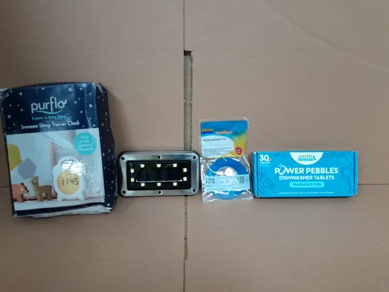 BOX OF APPROXIMATELY 14 ASSORTED ITEMS TO INCLUDE - PURFLO TRAINER CLOCK , FLEXIBLE MASKING TAPE , POWER PEBBLES ETC