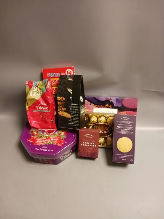 BOX OF APPROX 10 ASSORTED FOOD ITEMS TO INCLUDE - QUALITY STREET CHOCOLATES - FERRERO ROCHER COLLECTION - TON'S CHOCOLATES ETC ETC