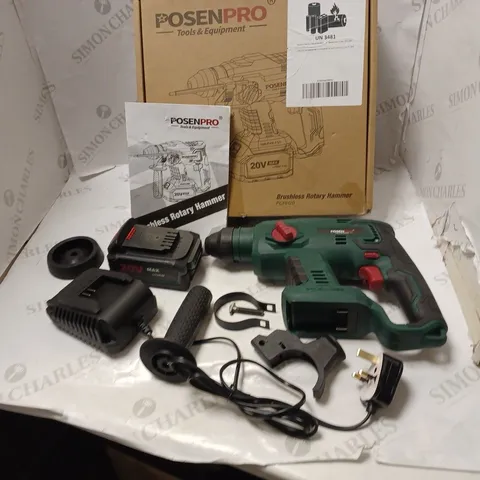 BOXED POSENPRO BRUSHLESS ROTARY HAMMER - MODEL PCRH20 - WITH CHARGER, BATTERY, ACCESSORIES AND MANUAL