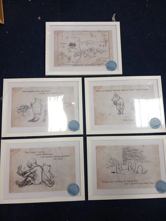 5 ASSORTED FRAMED WINNIE THE POOH THEMED PRINTS