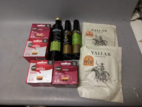 LOT OF APPROXMATELY 8 ITEMS TO INCLUDE  - RIPERTOLI OLIVE OIL, YALLAH HOUSE GRIND ESPRESSO, AND LAVAZZA ESPRESSO INTENSO ETC. 