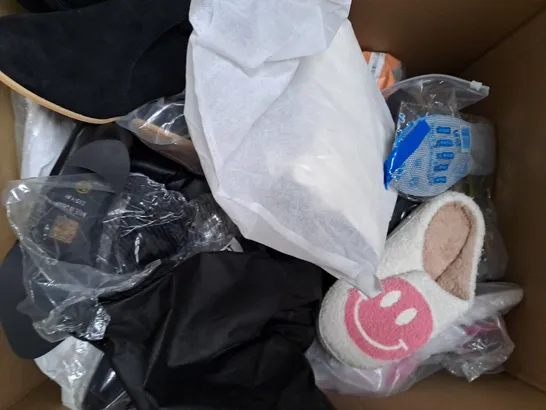 BOX OF APPROXIMATELY 15 ASSORTED PAIRS OF SHOES AND FOOTWEAR ITEMS IN VARIOUS STYLES AND SIZES TO INCLUDE THE SLIPPER COMPANY, SKECHERS, ETC