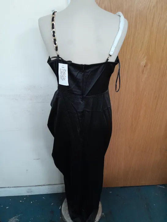 QUIZ SATIN RUCHED MAXI DRESS IN BLACK WITH GOLD CHAIN STRAPS SIZE 14 RRP £44.99