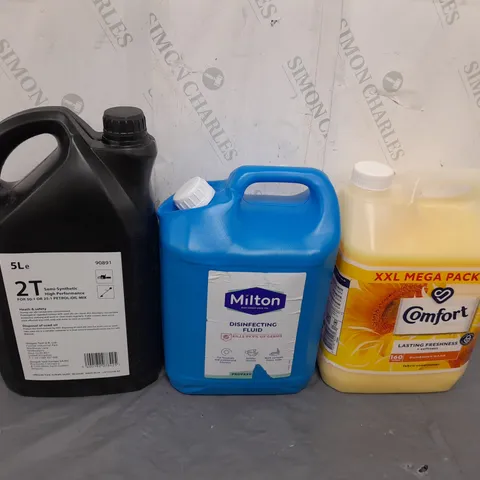 APPROXIMATELY 3 ASSORTED LIQUIDS TO INCLUDE DISINFECTING FLUID, COMFORT AND 2T SEMI-SYNTHETIC OIL MIX - COLLECTION ONLY