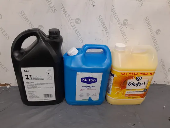 APPROXIMATELY 3 ASSORTED LIQUIDS TO INCLUDE DISINFECTING FLUID, COMFORT AND 2T SEMI-SYNTHETIC OIL MIX - COLLECTION ONLY