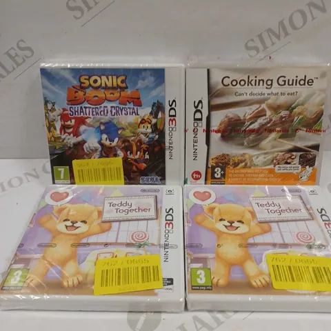 LOT TO CONTAIN 4 X ASSORTED NINTENDO DS & 3DS GAMES, INCLUDES SONIC BOOM SHATTERED CRUSTAL, COOKING GUIDE & TEDDY TOGETHER