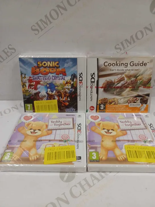 LOT TO CONTAIN 4 X ASSORTED NINTENDO DS & 3DS GAMES, INCLUDES SONIC BOOM SHATTERED CRUSTAL, COOKING GUIDE & TEDDY TOGETHER