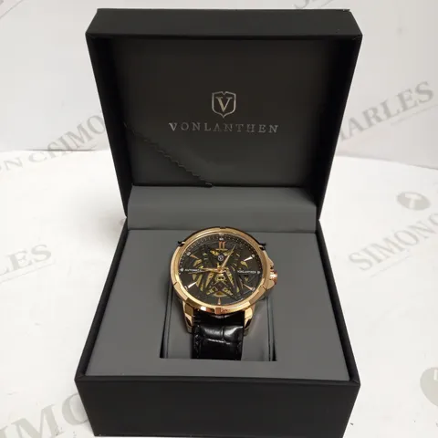 MENS VONLANTHEN AUTOMATIC SKELETON WATCH – V110 - GLASS EXHIBITION BACKCASE – BLACK LEATHER STRAP