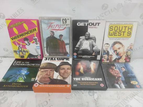 APPROXIMATELY 20 ASSORTED DVDS TO INCLUDE GET OUT, SOUTH WEST 9, FARGO, ETC