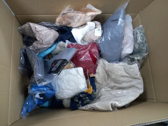 LARGE BOX OF ASSORTED CLOTHING ITEMS IN VARIOUS COLOURS AND SIZES INCLUDING TROUSERS , TOPS AND JUMPERS 