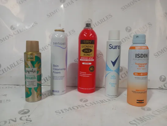 APPROXIMATELY 10 ASSORTED AEROSOL ITEMS IN INCLUDE SURE ANTI-PERSPIRANT, EBIN ADHESIVE SPRAY, ISDIN FOTOPROTECTOR, ETC - COLLECTION ONLY