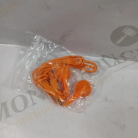 BOX OF APPROXIMATELY 60 UNBRANDED WIRED EARPHONES IN ORANGE 