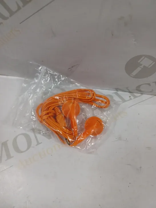 BOX OF APPROXIMATELY 60 UNBRANDED WIRED EARPHONES IN ORANGE 