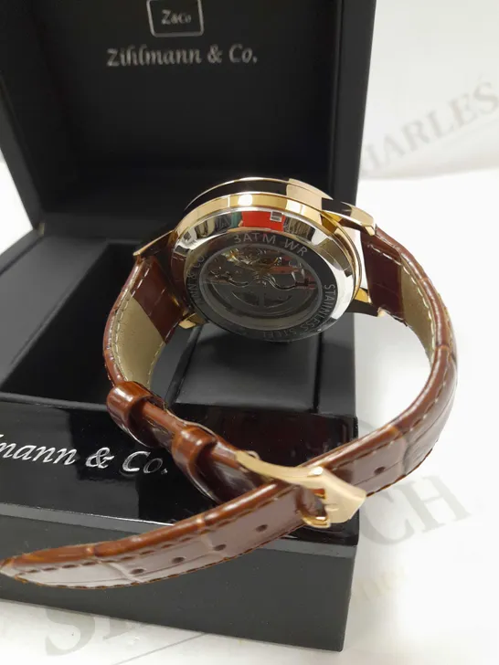 ZIHLMANN & CO GOLD EFFECT SKELETON BROWN LEATHER STRAP WRISTWATCH