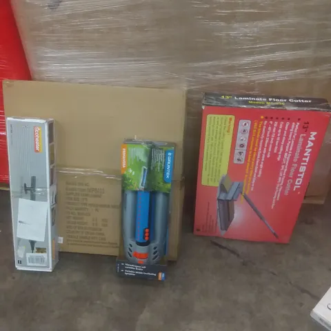 PALLET OF ASSORTED ITEMS INCLUDING LAMINATE FLOOR CUTTER, ROUND MIRROR, OSCILLATING SPRINKLER