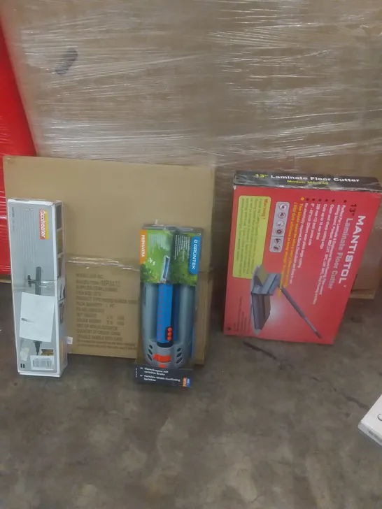 PALLET OF ASSORTED ITEMS INCLUDING LAMINATE FLOOR CUTTER, ROUND MIRROR, OSCILLATING SPRINKLER