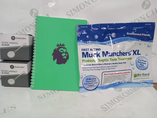 LOT OF APPROXIMATELY 10 ASSORTED HOUSEHOLD ITEMS TO INCLUDE MUCK MUNCHERS XL PROBIOTIC SEPTIC TANK TREATMENT, PREMIER LEAGUE NOTEBOOK, DOOR HANDLE ALARM, ETC