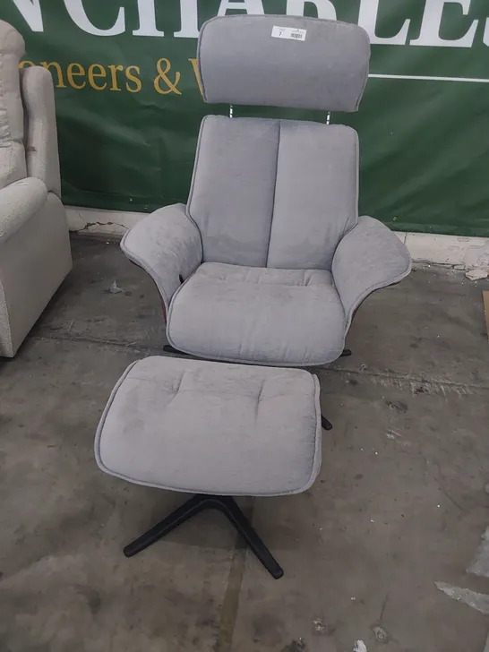 QUALITY BRITISH DESIGNER G PLAN LUND MANUAL RECLINING CHAIR & FOOTSTOOL MONTILLA SMOKE FABRIC 