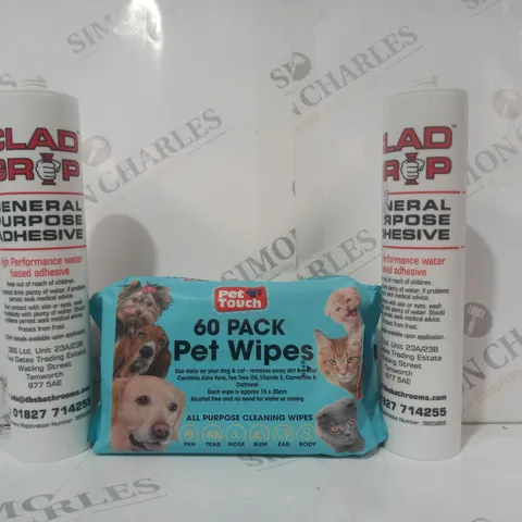 BOX OF APPROXIMATELY 15 ASSORTED HOUSEHOLD ITEMS TO INCLUDE GENERAL PURPOSE ADHESIVE, 60 PACK PET WIPES, ETC