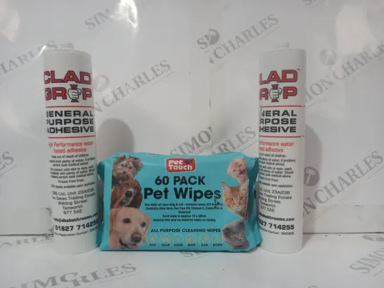 BOX OF APPROXIMATELY 15 ASSORTED HOUSEHOLD ITEMS TO INCLUDE GENERAL PURPOSE ADHESIVE, 60 PACK PET WIPES, ETC