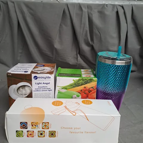 BOX OF APROXIMATELY 12 ASSORTED HOUSEHOLD ITEMS TO INCLUDE BOTTLES , FOOD SLICER , DUVET 