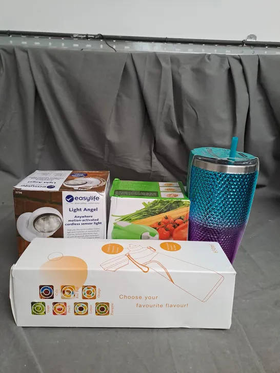 BOX OF APROXIMATELY 12 ASSORTED HOUSEHOLD ITEMS TO INCLUDE BOTTLES , FOOD SLICER , DUVET 