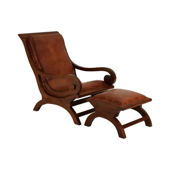 BOXED INCA LOUNGE LEATHER CHAIR WITH FOOTSTOOL ANTIQUE BROWN 