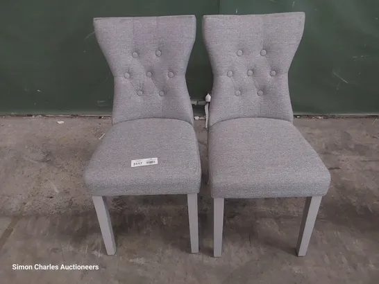 PAIR OF UPHOLSTERED BUTTONED BACK DINING CHAIRS GREY FABRIC ON GREY PAINTED LEGS 