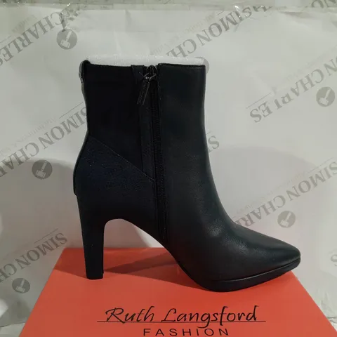 BOXED PAIR OF RUTH LANGSFORD PLATFORM LEATHER ANKLE BOOTS IN NAVY - SIZE 6