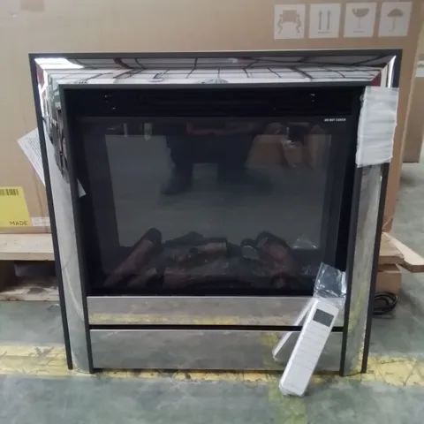 BOXED BEMODERN ELECTRIC FIRE/ HEATER WITH MIRRORED SURROUND AND REMOTE CONTROL 