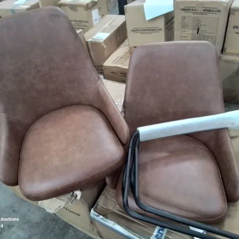 BOXED PAIR OF BROWN FAUX LEATHER DINING CHAIRS (ONLY ONE SET OF LEGS)