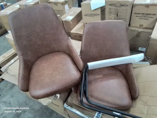 BOXED PAIR OF BROWN FAUX LEATHER DINING CHAIRS (ONLY ONE SET OF LEGS)