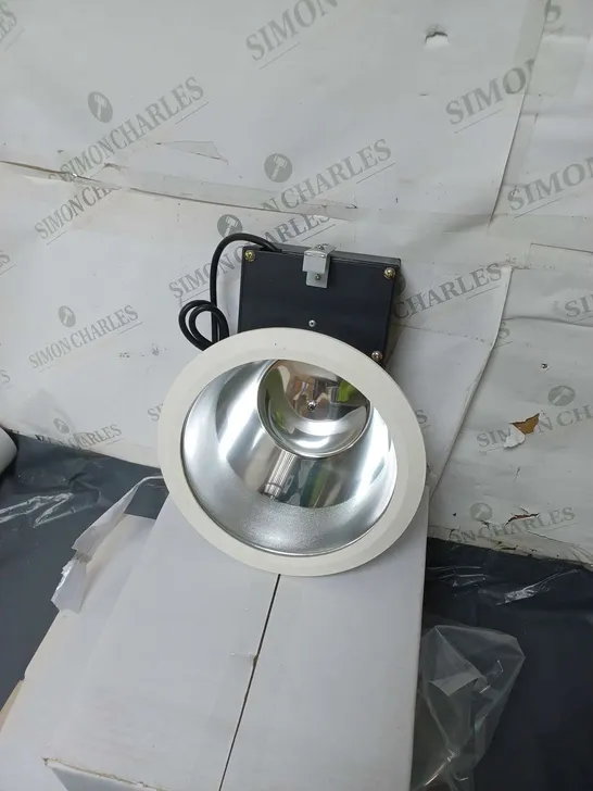 lot containing 15 large wall mounted spotlights, and 30 grey/silver emcolite light switches