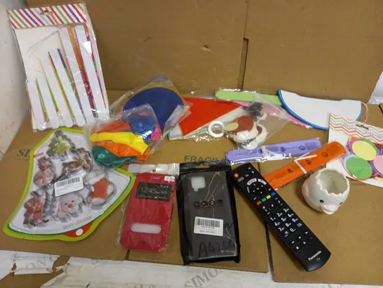 BOX OF APPROX 20 ASSORTED HOUSEHOLD AND CRAFT ITEMS TO INCLUDE PANASONIC TV REMOTE, ASSORTED COLOUR BUNTING, MOBILE PHONE CASE