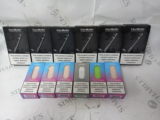 BOX OF APPROX 12 ASSORTED E-CIGARETTES TO INCLUDE - UWELL CALIBURN A2 POD SYSTEM - VOOPOO VINCI Q