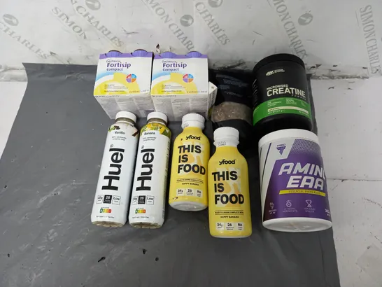 APPROXIMATELY 8 ASSORTED FOOD ITEMS TO INCLUDE - HUEL DRINK MEALS, YFOOD, EAA BY TREC ETC. 