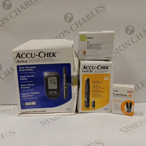 APPROXIMATELY 12 ASSORTED BLOOD GLUCOSE TESTING PRODUCTS TO INCLUDE ACCU-CHEK AVIVA METER AND LANCING DEVICE, ACCU-CHEK FASTCLIX FINGER PRICKER, PURA TEST STRIPS, CARSENS N TEST STRIPS ETC. 