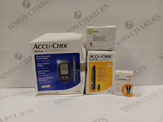 APPROXIMATELY 12 ASSORTED BLOOD GLUCOSE TESTING PRODUCTS TO INCLUDE ACCU-CHEK AVIVA METER AND LANCING DEVICE, ACCU-CHEK FASTCLIX FINGER PRICKER, PURA TEST STRIPS, CARSENS N TEST STRIPS ETC. 