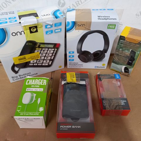 LOT OF APPROXIMATELY 20 ELECTRICAL ITEMS TO INCLUDE BIG BUTTON CORDED PHONE, WIRELESS HEADPHONES, CHARGING CABLES ETC