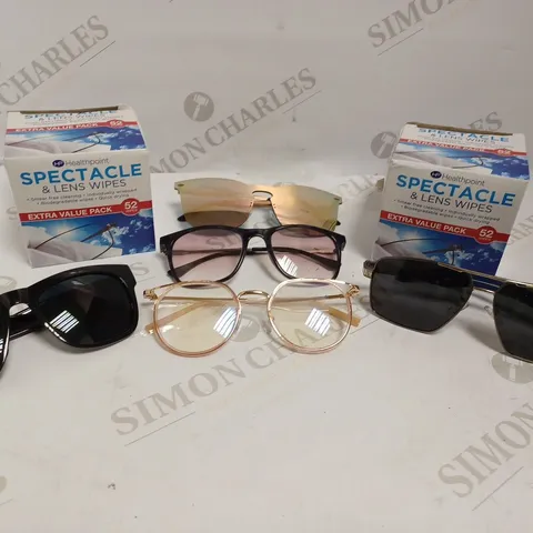 BOX OF APPROXIMATELY 20 ASSORTED VISION CARE ITEMS TO INCLUDE PRESCRIPTION LENS GLASSES, SUNGLASSES, CLEANING WIPES ETC 