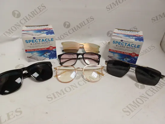 BOX OF APPROXIMATELY 20 ASSORTED VISION CARE ITEMS TO INCLUDE PRESCRIPTION LENS GLASSES, SUNGLASSES, CLEANING WIPES ETC 