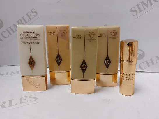 LOT OF 5 ASSORTED CHARLOTTE TILBURY PRODUCTS TO INCLUDE BRIGHTENING YOUTH GLOW BOOSTER, LIGHT WONDER PERFECT SKIN FOUNDATION M278, BEACH STICK MOON BEACH, ETC 