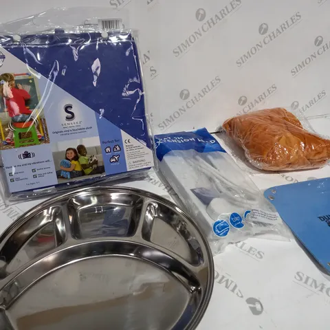 BOX OF APPROXIMATELY 10 ITEMS TO INCLUDE CHILD'S DINNER TRAY, EXTENSION LEAD, VIBRATING SENSORY CUSHION