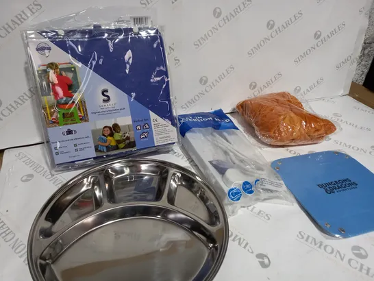 BOX OF APPROXIMATELY 10 ITEMS TO INCLUDE CHILD'S DINNER TRAY, EXTENSION LEAD, VIBRATING SENSORY CUSHION