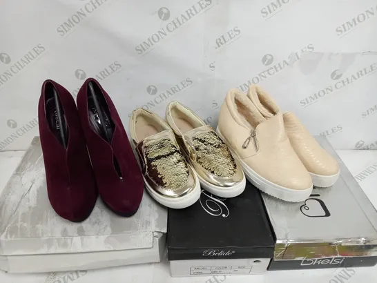 APPROXIMATELY 5 BOXED PAIR OF SHOES TO INCLUDE PASCAL PLATFORM HEELS IN SIZE 5, BELIDE LOAFERS SIZE 5, KELSI TRAINERS SIZE 4