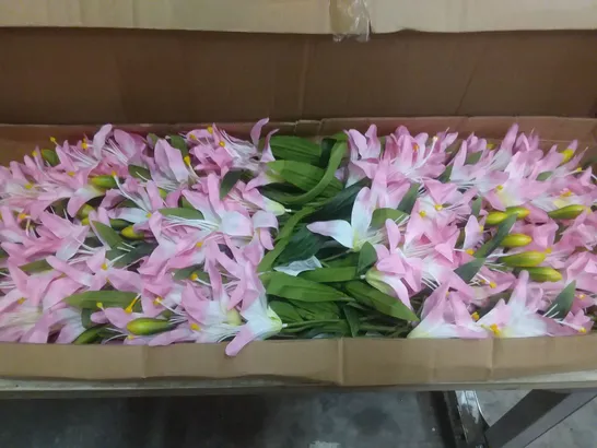 BOX OF 48 BRAND NEW SIGNATURE 65CM LILY SPRAY W/2 FLOWERS, 1 BUD & 6 LEAVES SILK FLOWERS - PINK